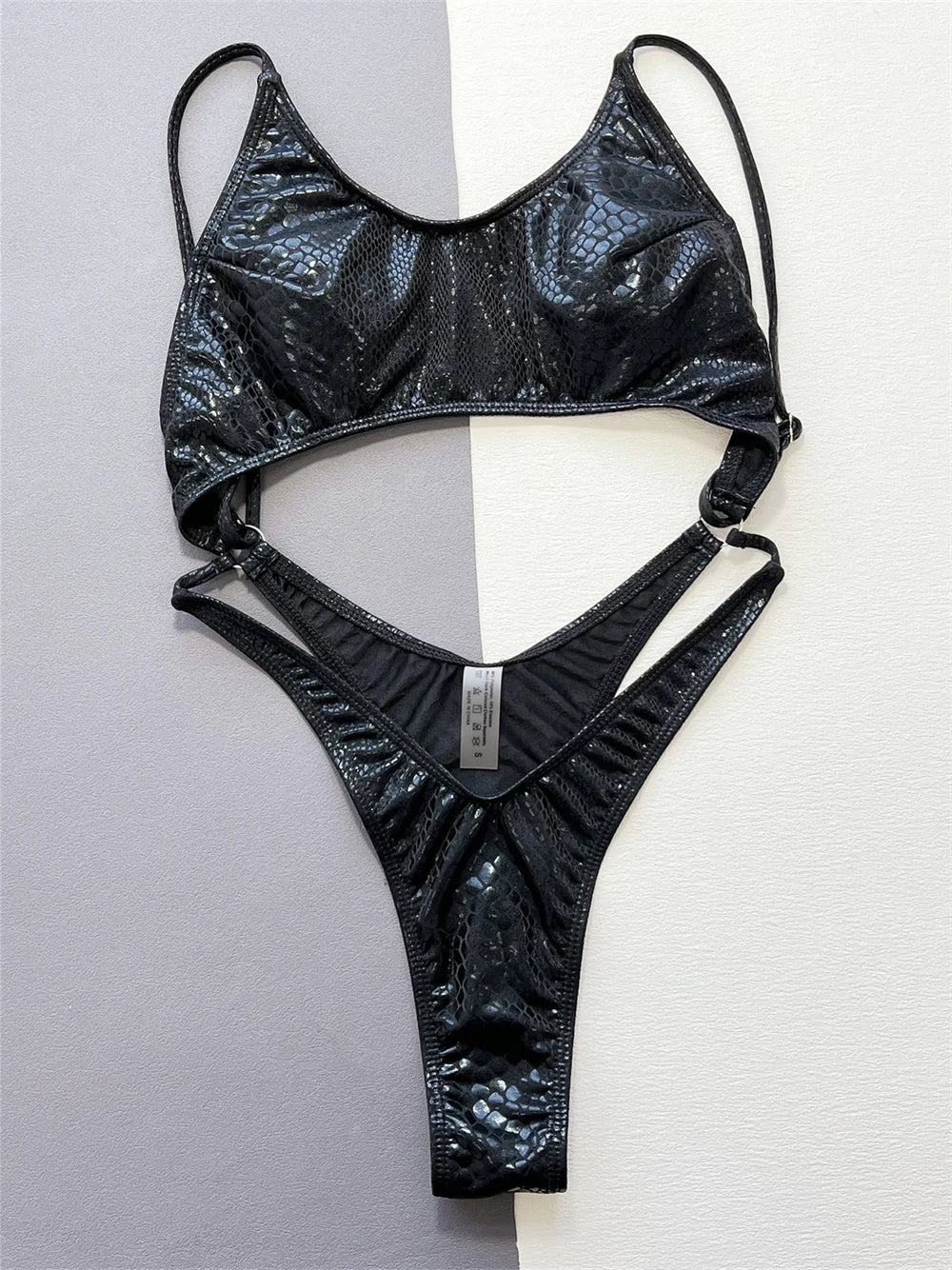 Bright Black Bikini Backless Extreme Monokini Snake Goth Trikini Hollow Out High Cut Swimsuit Sling Swimwear Womens Beach Outfit