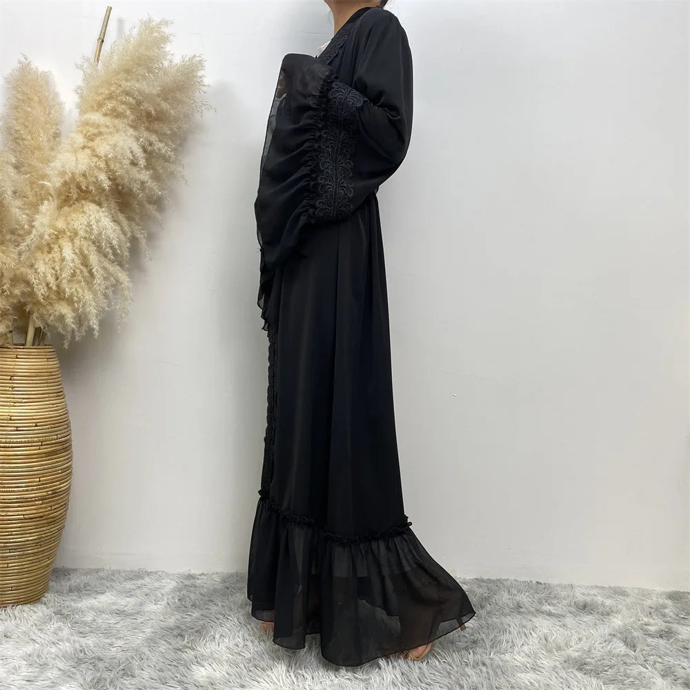 Eid Muslim Black Abaya for Women Djellaba Morocco Dress Dubai Embroidery Flare Sleeve Lace Abayas Dubai Islam Robe with Belt