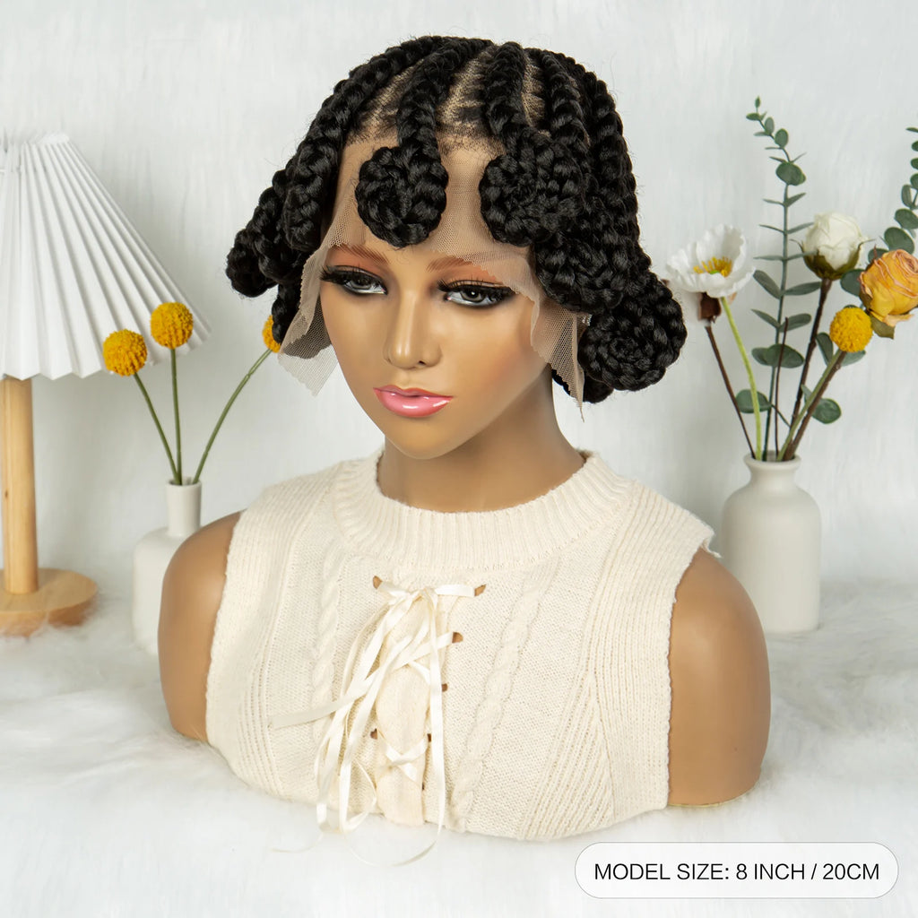 Full Lace Handmade Bantu Braided Wigs Synthetic Short Cute Braided Lace Wigs with Baby Hair Lace Front Braids Wigs for Women