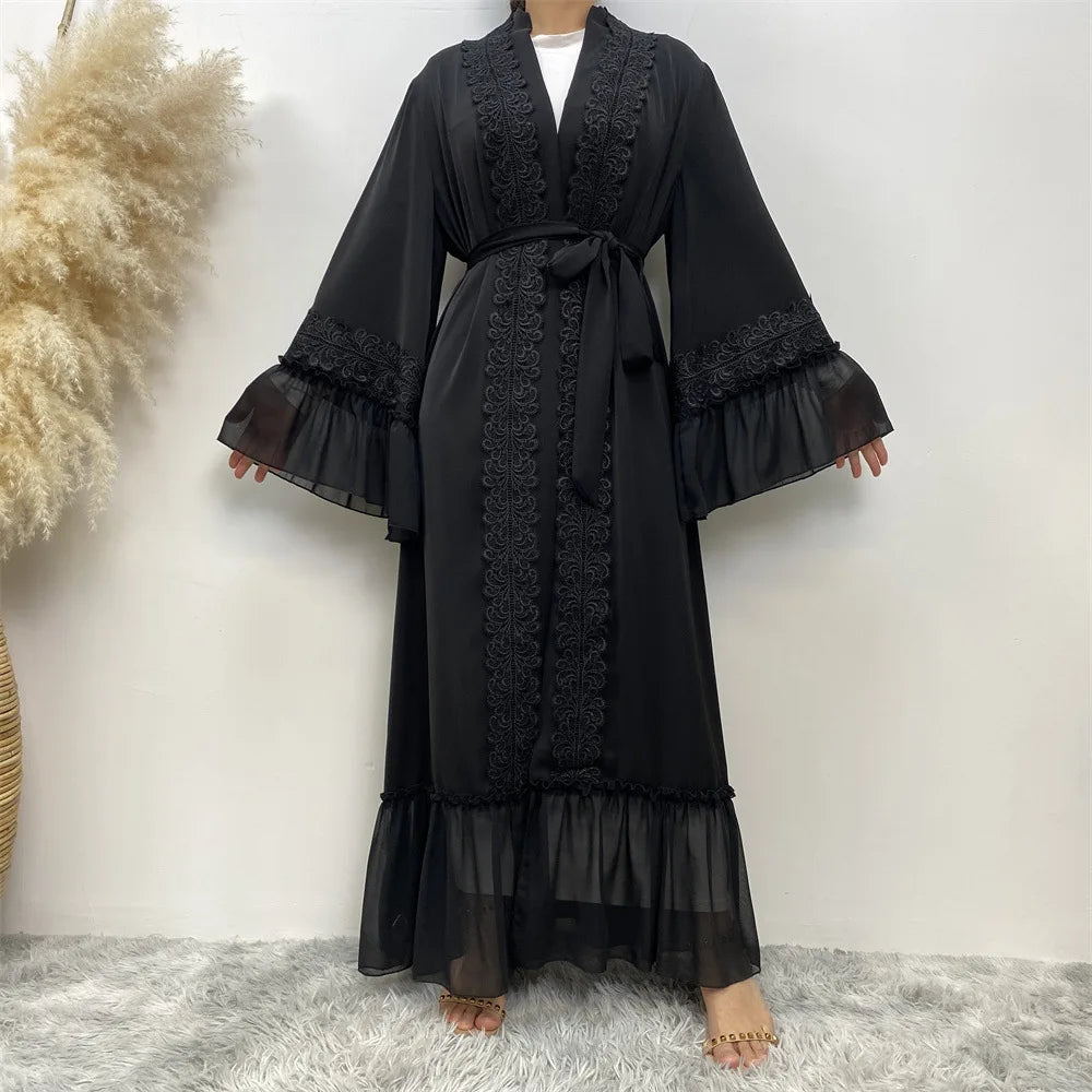 Eid Muslim Black Abaya for Women Djellaba Morocco Dress Dubai Embroidery Flare Sleeve Lace Abayas Dubai Islam Robe with Belt