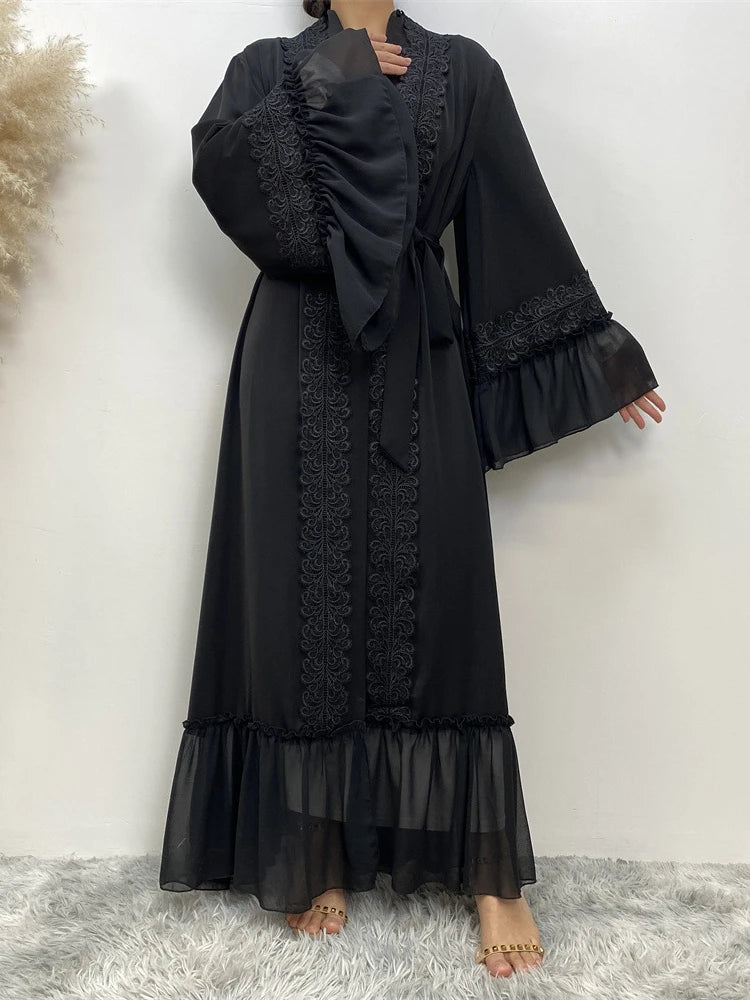 Eid Muslim Black Abaya for Women Djellaba Morocco Dress Dubai Embroidery Flare Sleeve Lace Abayas Dubai Islam Robe with Belt
