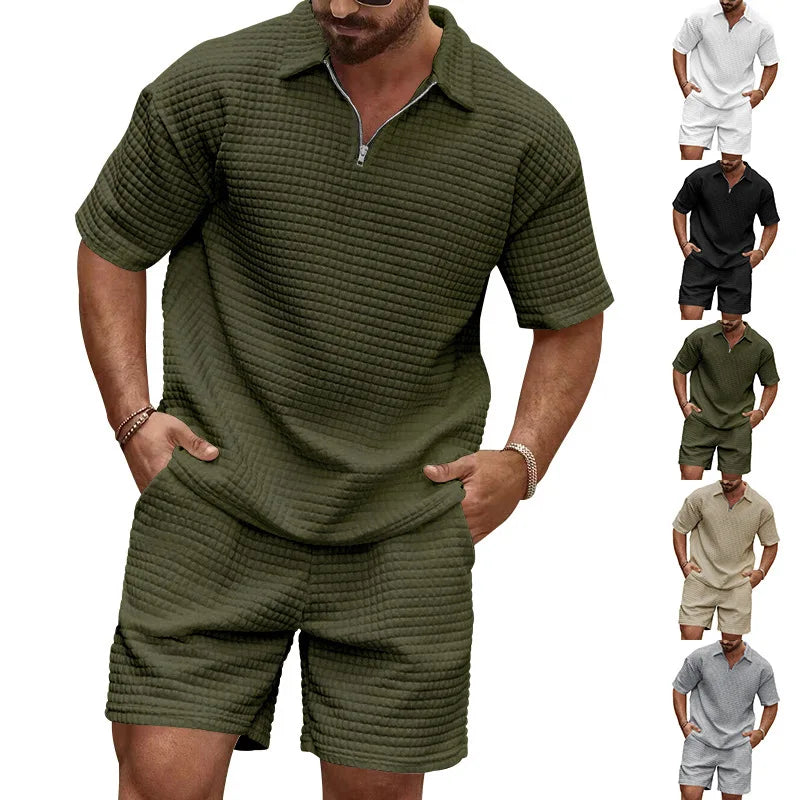 2024European and American Men's Spring and Summer Trends Youth Outdoor Lapel Small Plaid Short Sleeve Shorts Sports Suit