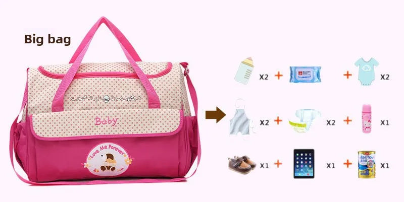 Baby Diaper Bag Large Capacity 5-piece Set Baby Diaper Storage Bag Embroidered Cartoon Fashion Multifunctional Portable Baby Bag