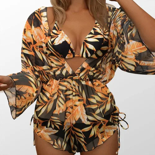 2024 New 3 Piece Bikini Set Plus Size Swimsuit Women Long Sleeve Cover Up Print Halter Swimwear Beach Wear Sexy Bathing Suit 3XL