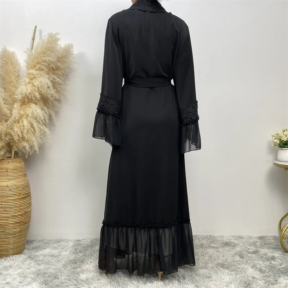 Eid Muslim Black Abaya for Women Djellaba Morocco Dress Dubai Embroidery Flare Sleeve Lace Abayas Dubai Islam Robe with Belt