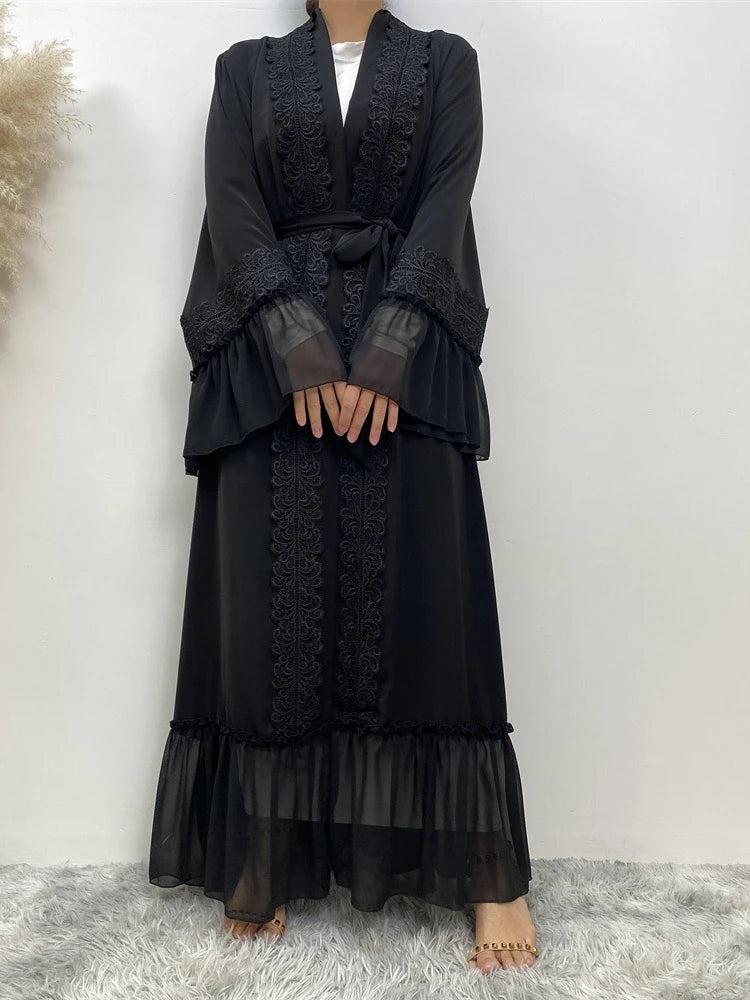 Eid Muslim Black Abaya for Women Djellaba Morocco Dress Dubai Embroidery Flare Sleeve Lace Abayas Dubai Islam Robe with Belt