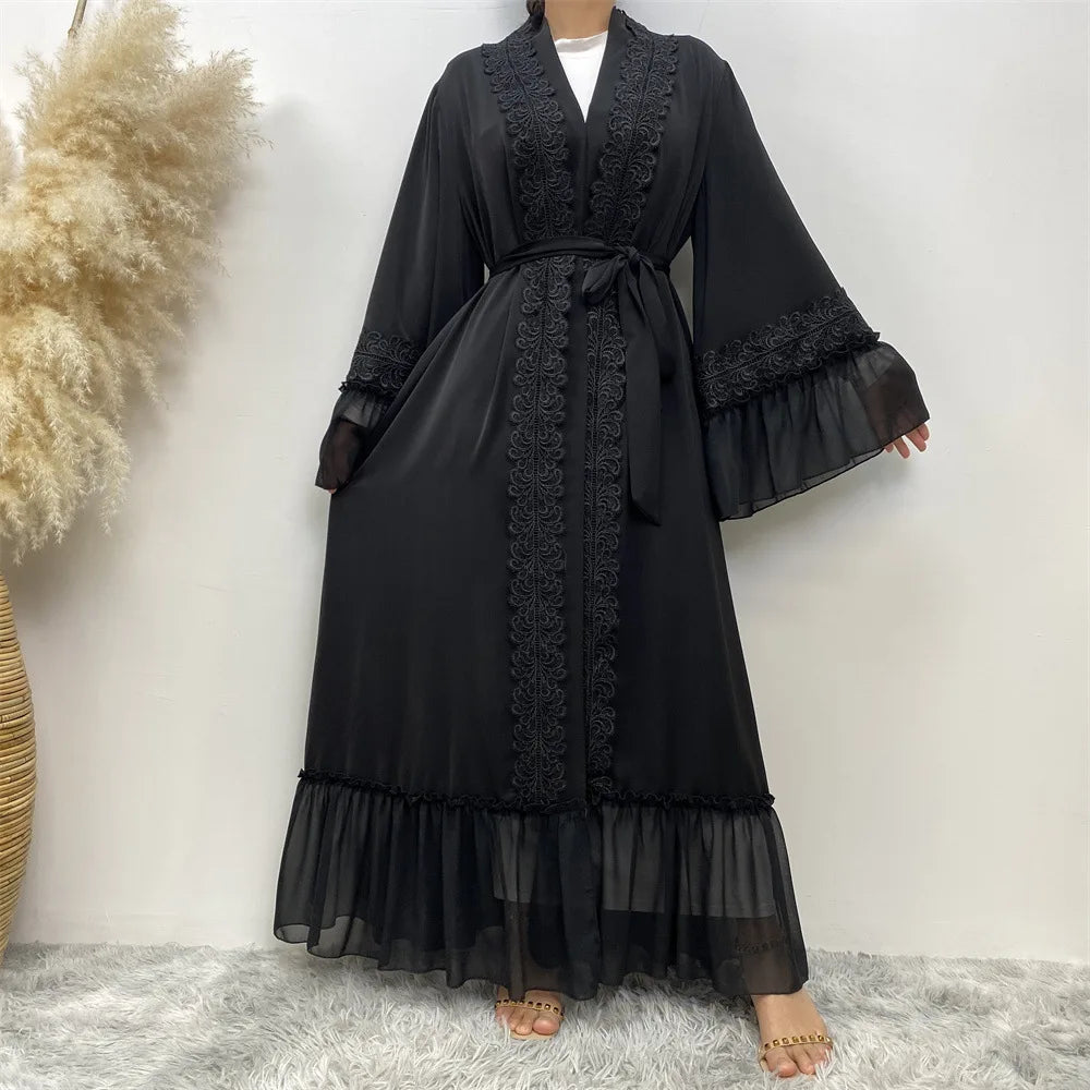 Eid Muslim Black Abaya for Women Djellaba Morocco Dress Dubai Embroidery Flare Sleeve Lace Abayas Dubai Islam Robe with Belt