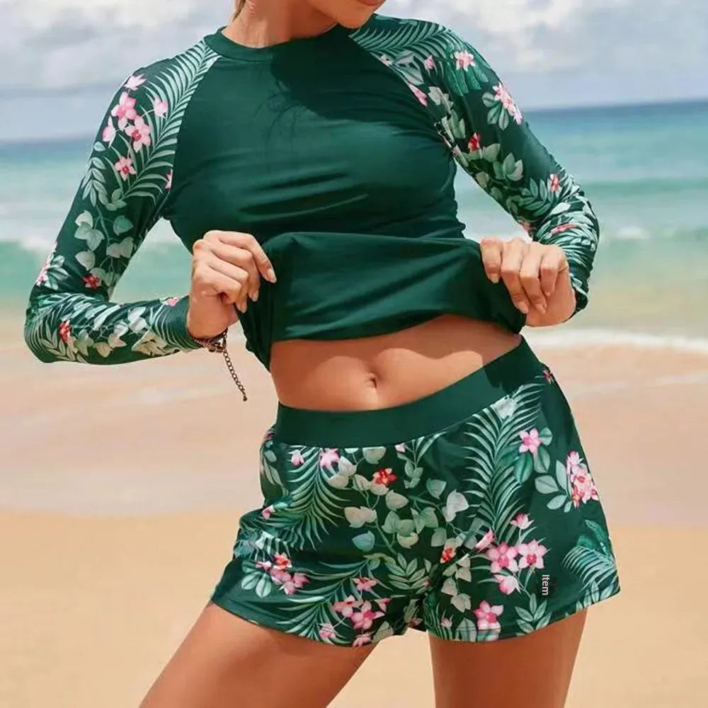 Hot Sale Of The Season New Women's Long Sleeve Digital Print Conservative Bikini Swimsuit Cross-Border Fashionable Swimwear from