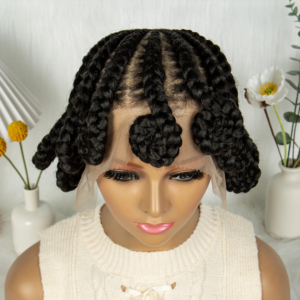 Full Lace Handmade Bantu Braided Wigs Synthetic Short Cute Braided Lace Wigs with Baby Hair Lace Front Braids Wigs for Women