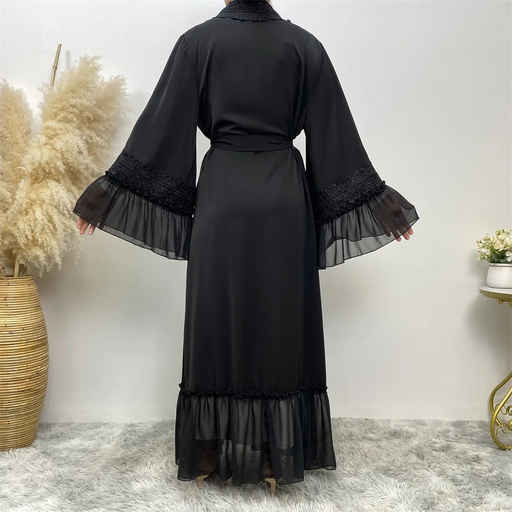 Eid Muslim Black Abaya for Women Djellaba Morocco Dress Dubai Embroidery Flare Sleeve Lace Abayas Dubai Islam Robe with Belt
