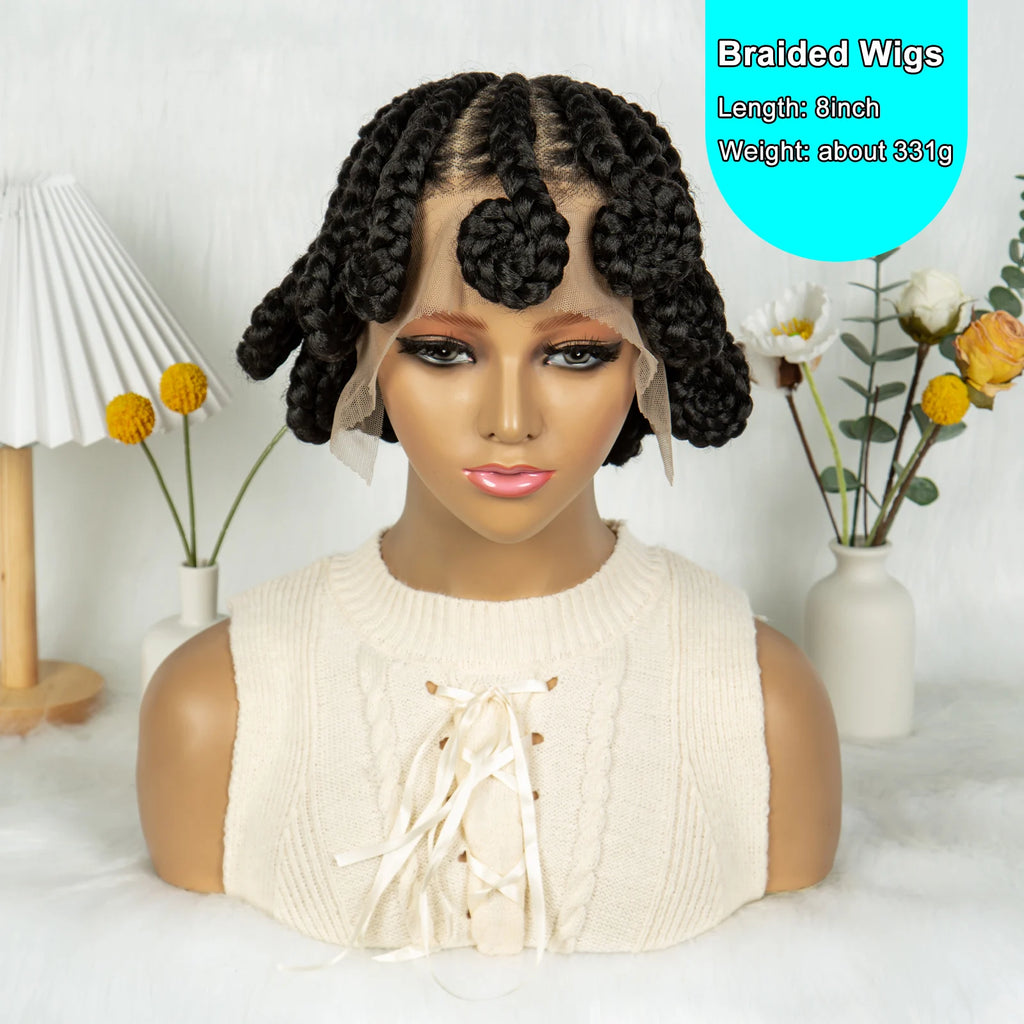 Full Lace Handmade Bantu Braided Wigs Synthetic Short Cute Braided Lace Wigs with Baby Hair Lace Front Braids Wigs for Women