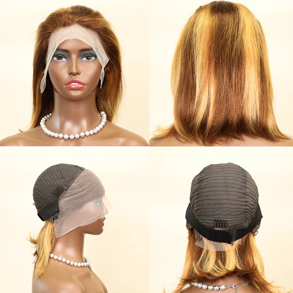 100% Human Hair Wigs 13x4 Lace Human Hair Lace Frontal Wig Ready Wear Bob Wigs 220Density For Black Women 4/27 Color Gold