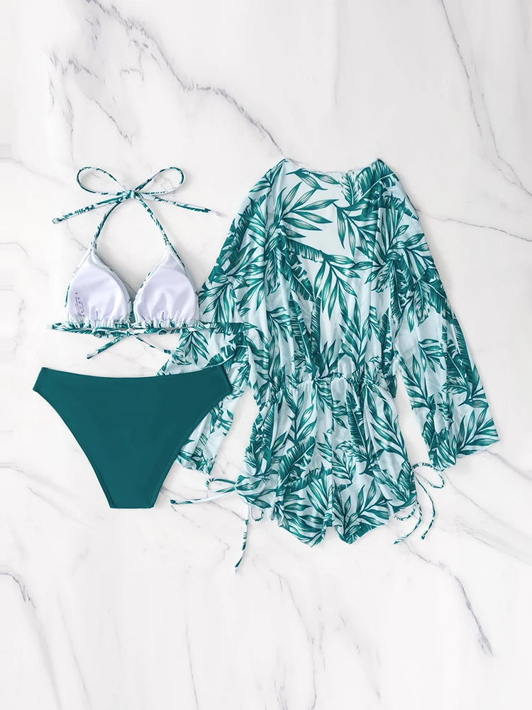 2024 New 3 Piece Bikini Set Plus Size Swimsuit Women Long Sleeve Cover Up Print Halter Swimwear Beach Wear Sexy Bathing Suit 3XL