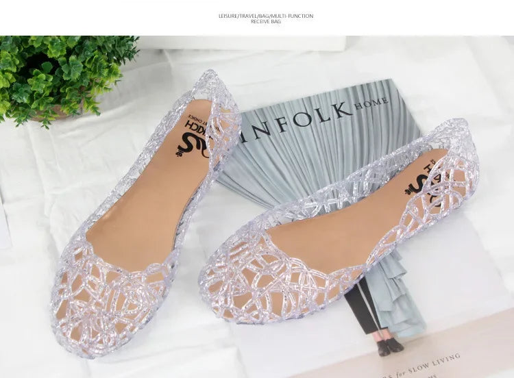 Summer women sandals flat-soled crystal clogs hollow flat-soled slip-ons shallow mouth Roman jelly shoes beach sandals