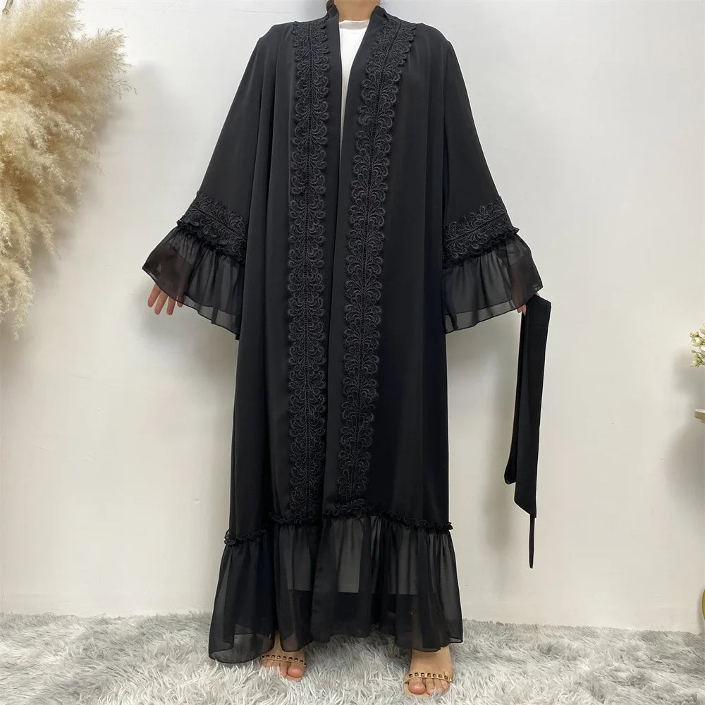 Eid Muslim Black Abaya for Women Djellaba Morocco Dress Dubai Embroidery Flare Sleeve Lace Abayas Dubai Islam Robe with Belt