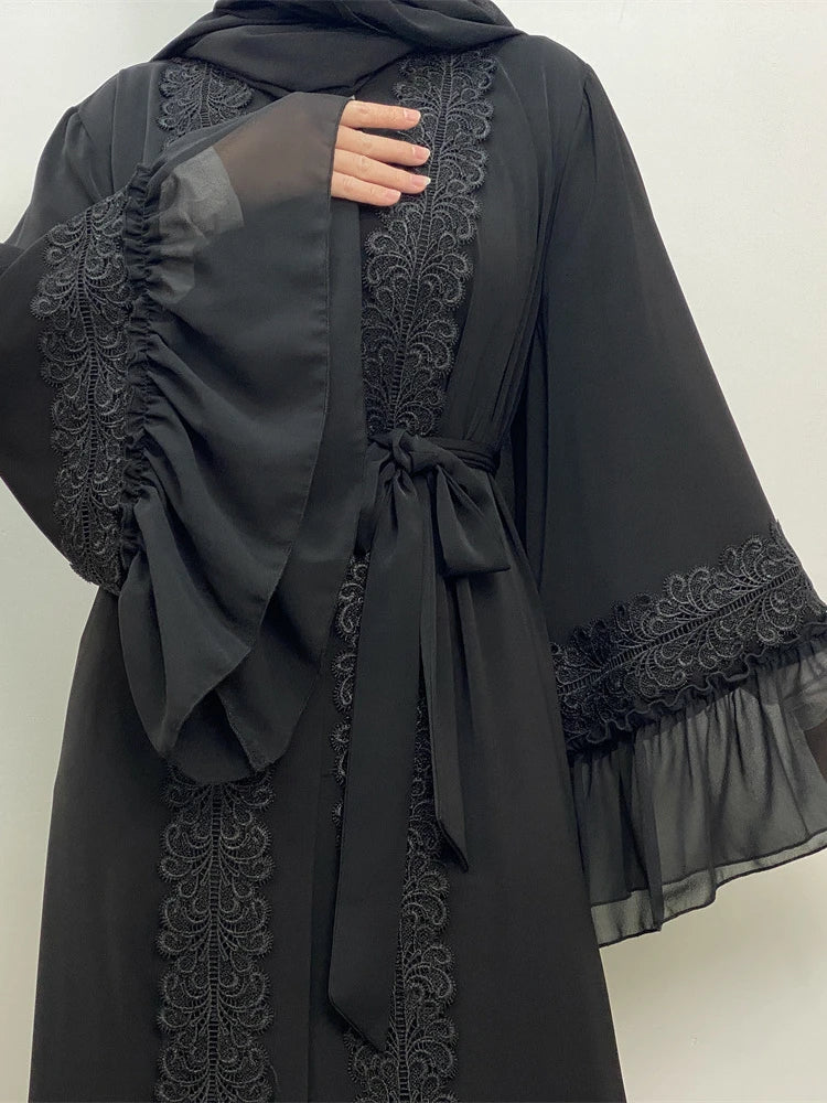 Eid Muslim Black Abaya for Women Djellaba Morocco Dress Dubai Embroidery Flare Sleeve Lace Abayas Dubai Islam Robe with Belt